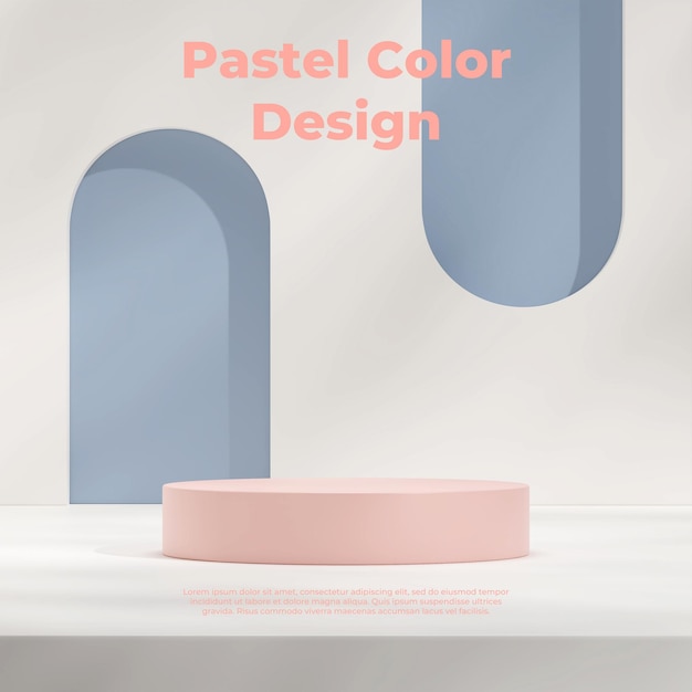 3d rendering template of pastel pink podium in square with white background and blue door hole