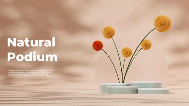 3D rendering template product podium in landscape with mimosa flower and light brown background