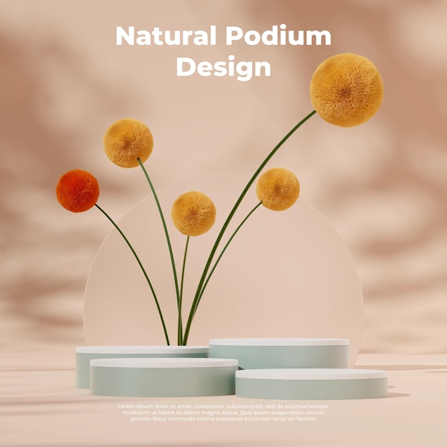 3D rendering template product podium in square with mimosa flower and light brown background