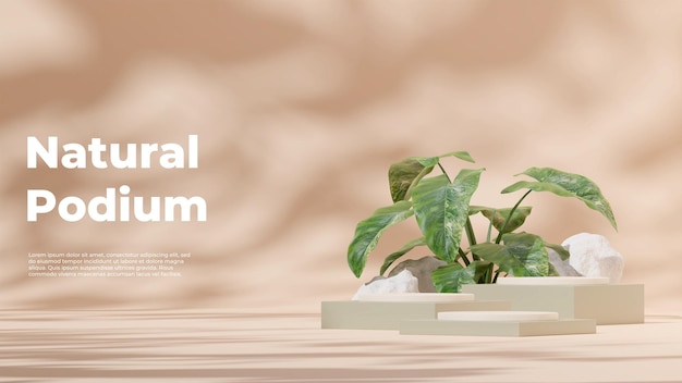 3D rendering template white and green podium with alocasia plant and rock in landscape layout