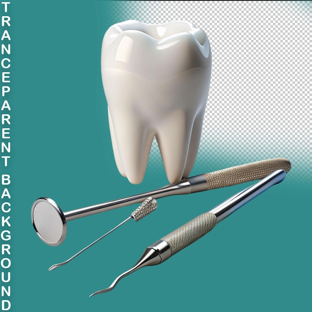 3d rendering tooth with dentist pick on transparent background