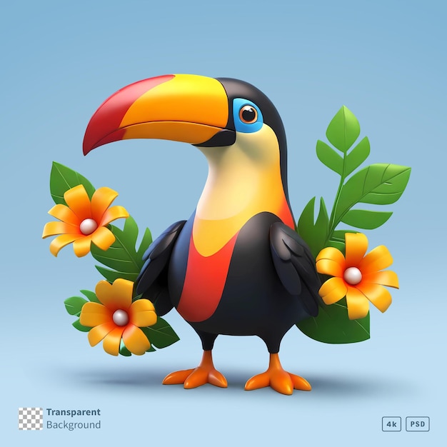 PSD 3d rendering toucan bird cartoon character with tropical flowers