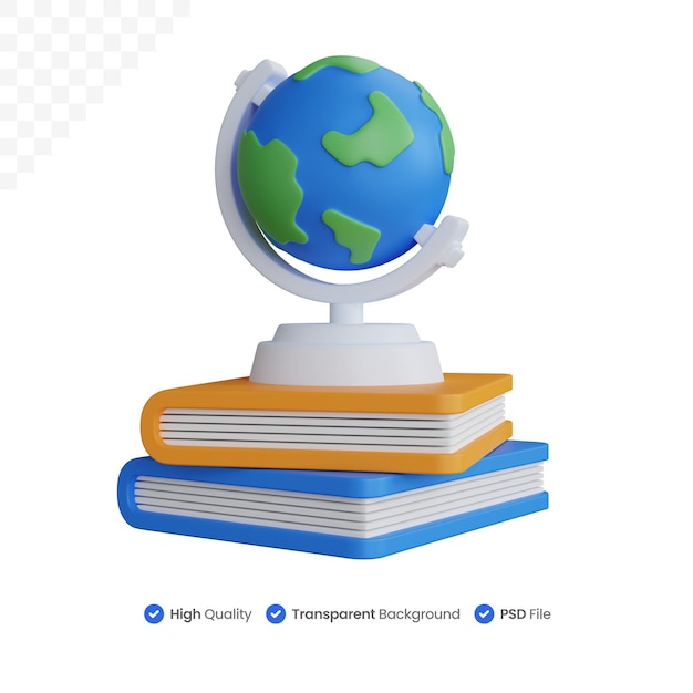 3d rendering two books with globe on book isolated