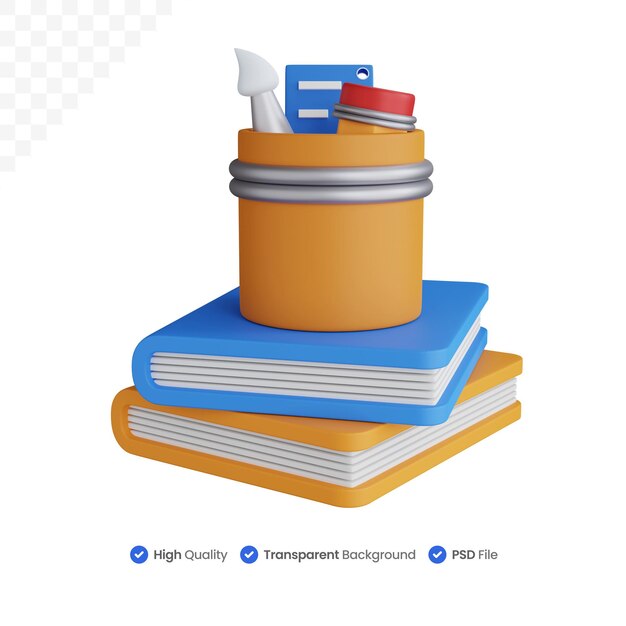 3d rendering two books with pencil holder on top isolated