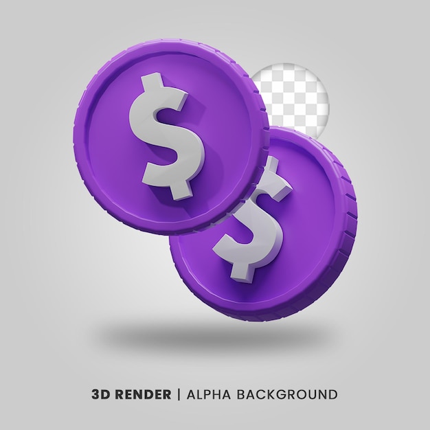 3d rendering of two purple dollar coin isolated. Useful for business or e-commerce project design illustration.