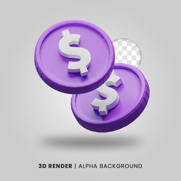 3d rendering of two purple dollar coin isolated. Useful for business or e-commerce project design illustration.