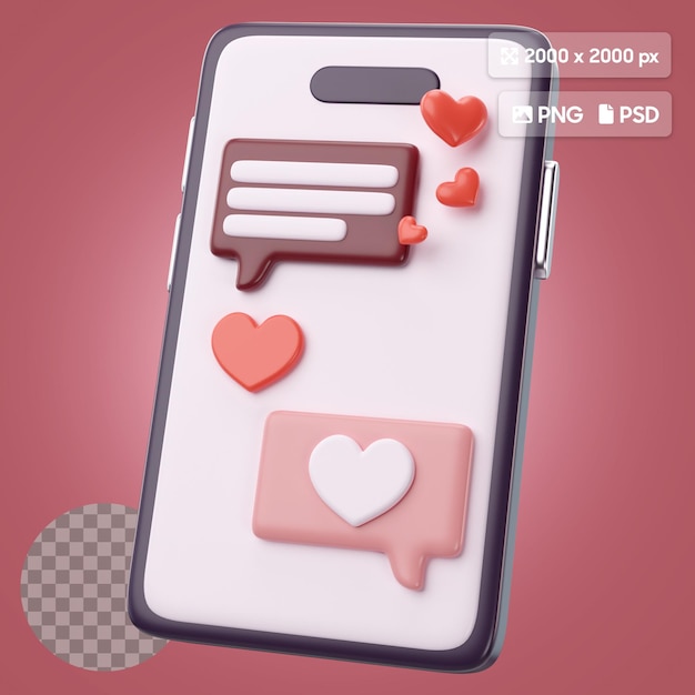 PSD 3d rendering of valentines love conversation by cell phone icon