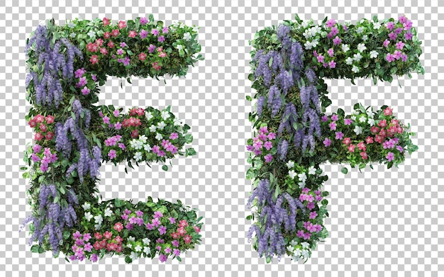 3d rendering of vertical flower garden alphabet E and alphabet F isolated