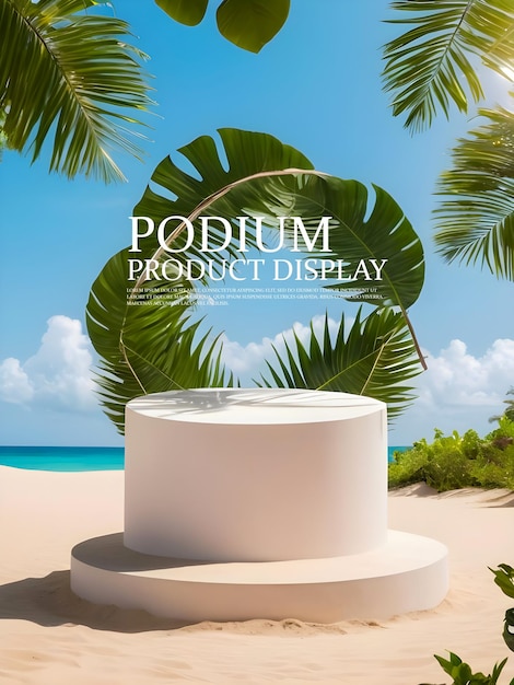 3d rendering white Podium stage on summer beach landscape background with tropical green leaves