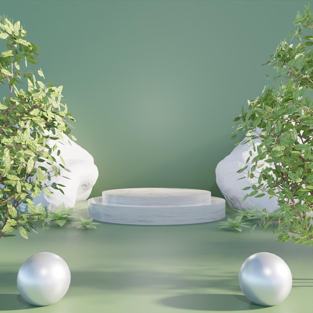 3D rendering white podium with trees on green background