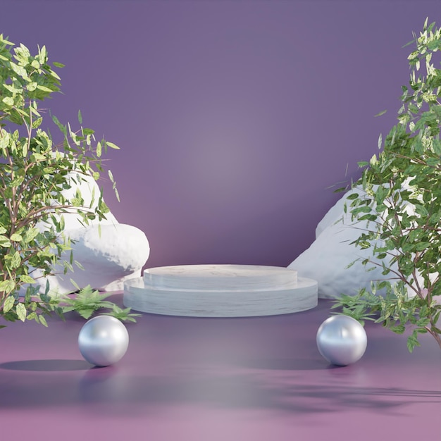 3D rendering white podium with trees on purple background