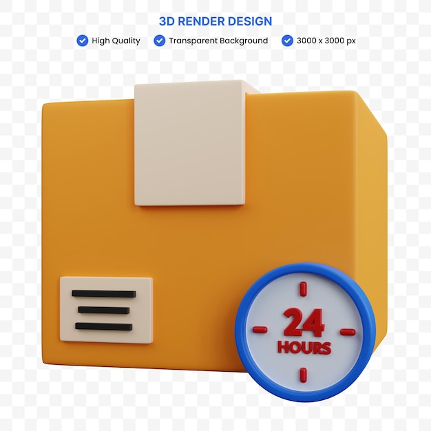 3d rendering yellow cardboard box with 24 hour clock isolated