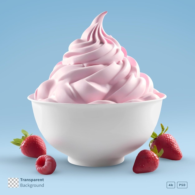 PSD 3d rendering yogurt in a glass bowl with strawberries