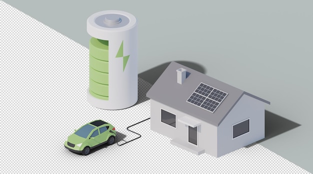 3D renewable energy source housing with electric car and solar panels isometric