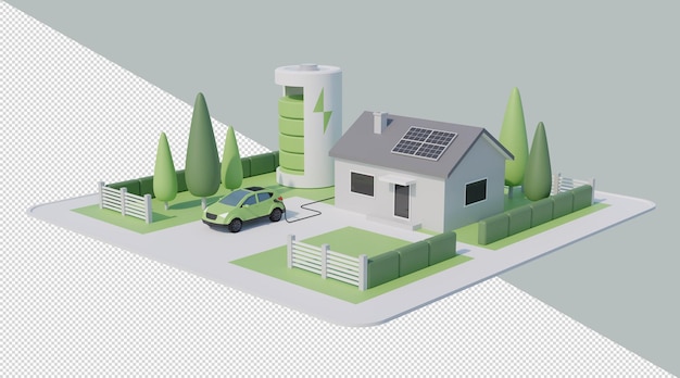 3D renewable energy source housing with electric car and solar panels perspective