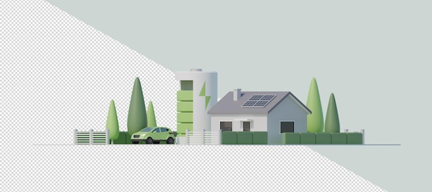 3D renewable energy source housing with electric car and solar panels side view