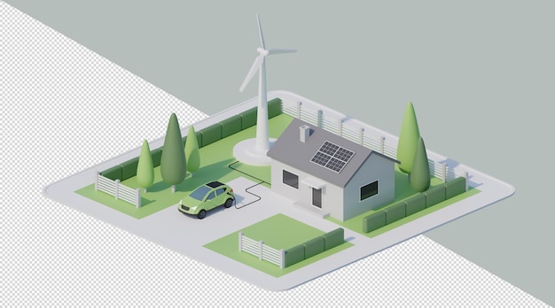 PSD 3d renewable energy source street with house electric car and wind turbine isometric