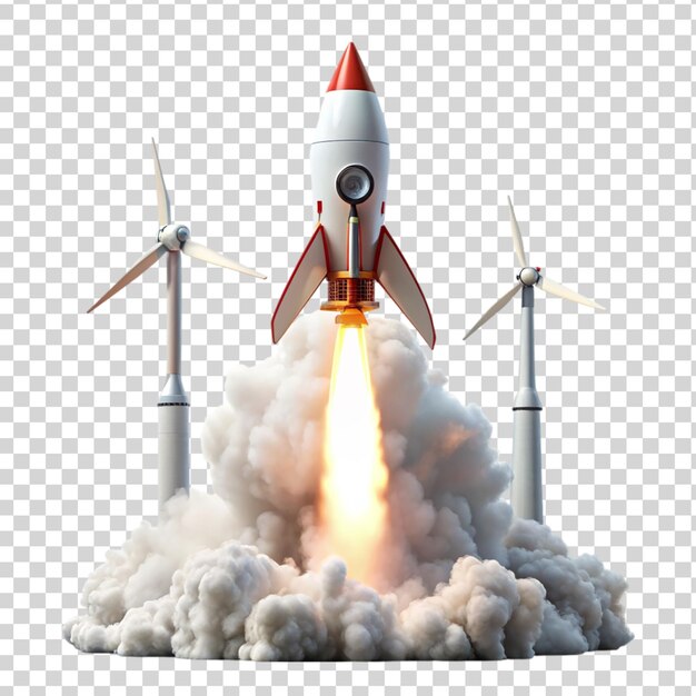 PSD 3d rocket with white smoke from turbines on transparent background