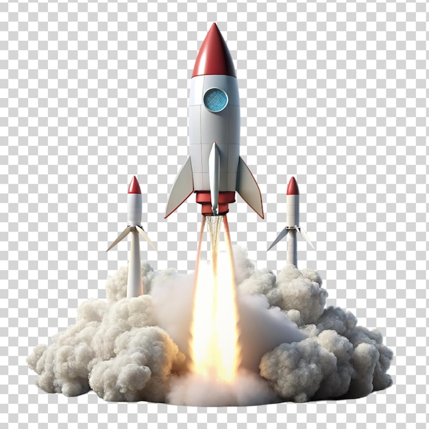 PSD 3d rocket with white smoke from turbines on transparent background