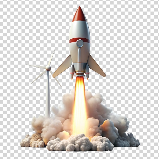 PSD 3d rocket with white smoke from turbines on transparent background