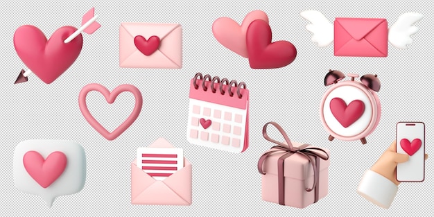 3d romantic collection icons set Hearts love letters and gifts