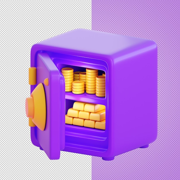 PSD 3d safe icon in plastic style with open door. money, stock exchange, business investment, trading