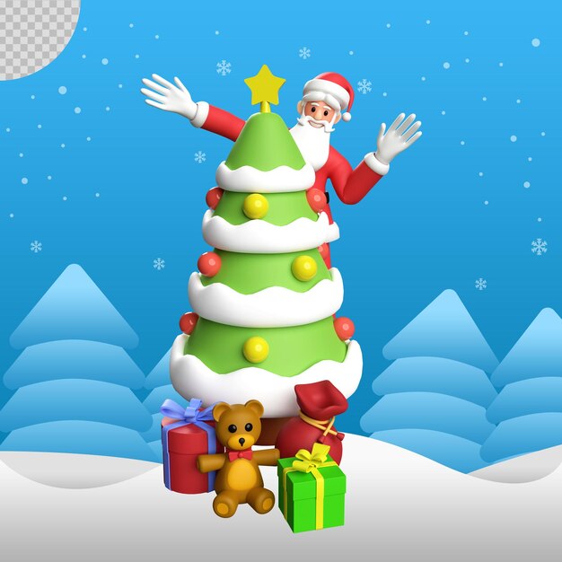 3D Santa Claus illustration with Christmas tree