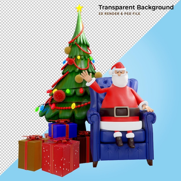 3D Santa Claus sitting on a leather sofa and pine tree. 3D illustration