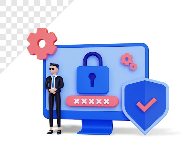 PSD 3d security with male character and padlock icon