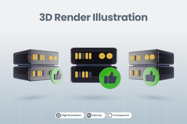 PSD 3d server database illustration with 3d like favorite icon render isolated