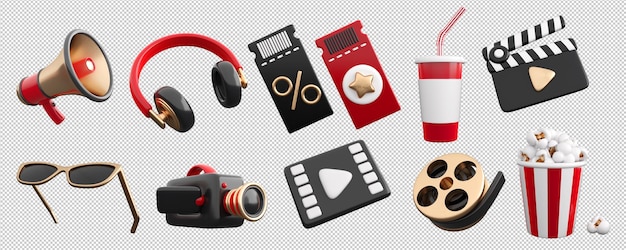 PSD 3d set of cinema movie theatre video and audio icons