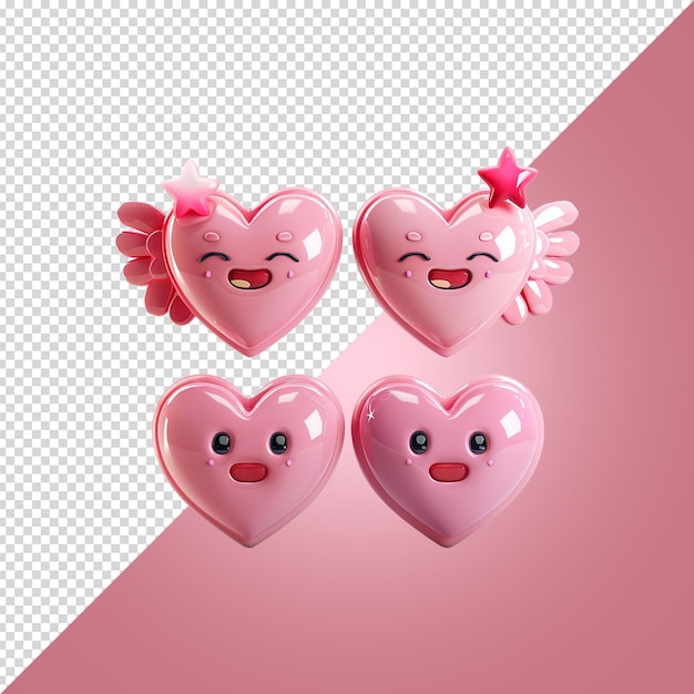 3D Set of emoji Hearts with angel wings and halo isolated on transparent background