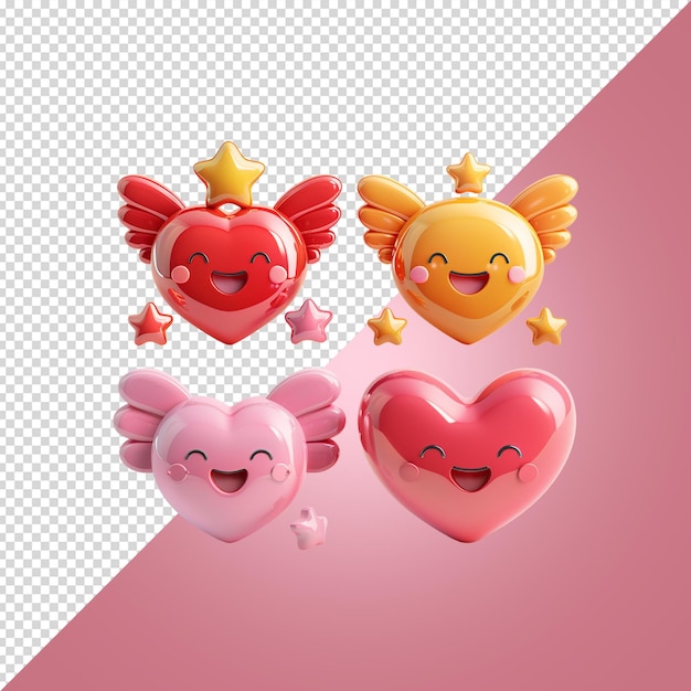 3D Set of emoji Hearts with angel wings and halo isolated on transparent background