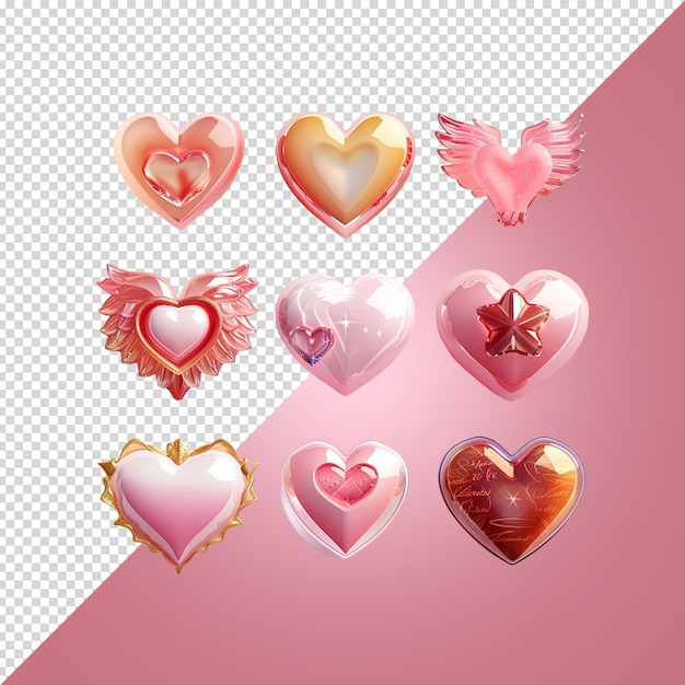 3D Set of emoji Hearts with angel wings and halo isolated on transparent background