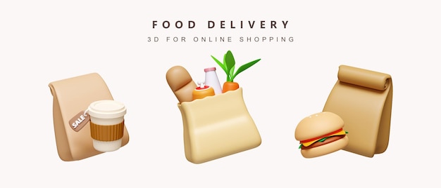 3d Set of food for food delivery concept icon isolated on white background 3d rendering illustration Clipping path