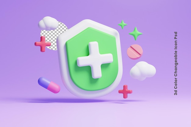 3d shield icon with medical pill and search bar icon or 3d medical equipment icon