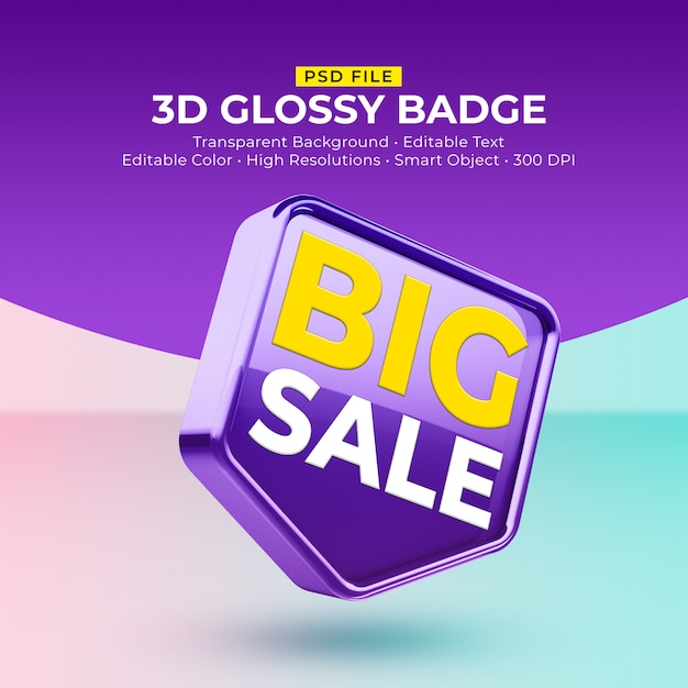 3d shiny glossy badge with for big sale mockup