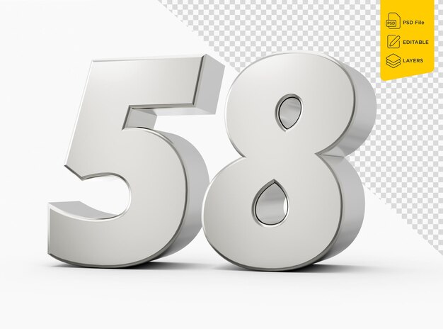 PSD 3d shiny silver number 58 fifty eight 3d silver number isolated on white background 3d illustration