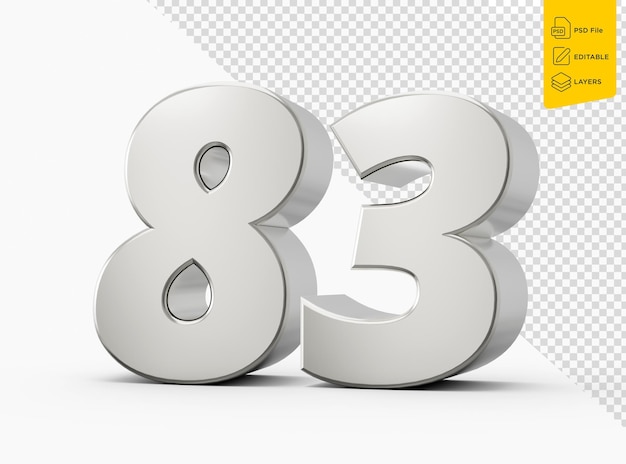 3d Shiny Silver Number 83 Eighty Three 3d Silver Number Isolated On White Background 3d illustration