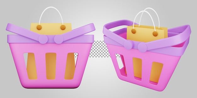 3D shopping bag in a basket on transparent background