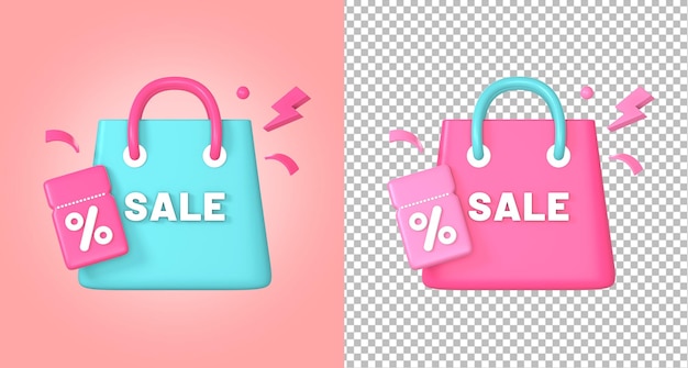 3d shopping bag with promo discount coupon or voucher code icon illustration