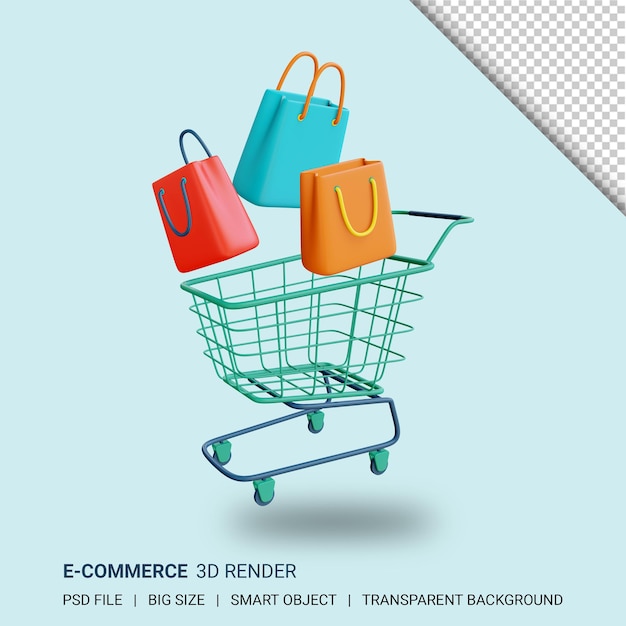 3d shopping cart and shopping bags