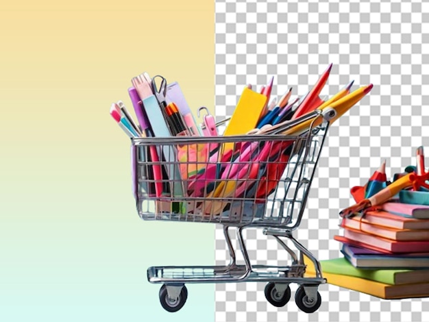 PSD 3d shopping cart with different school stationary