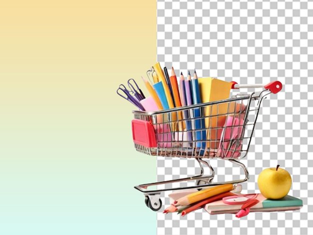 PSD 3d shopping cart with different school stationary