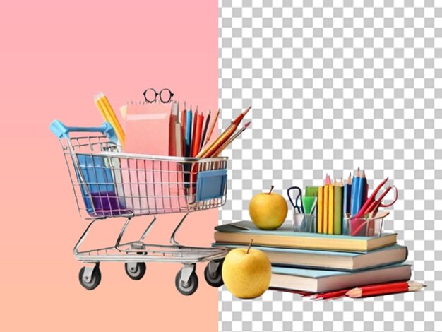 PSD 3d shopping cart with different school stationary