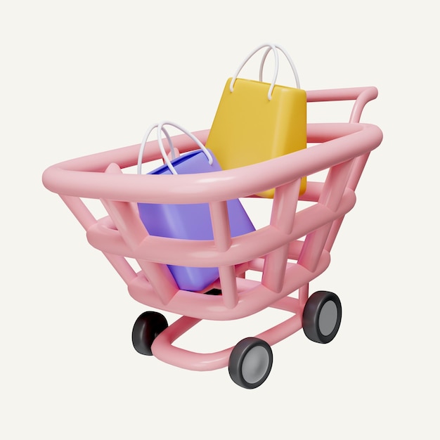 3D shopping cart with shopping bag for online shopping and digital marketing icon isolated on white background 3d rendering illustration Clipping path