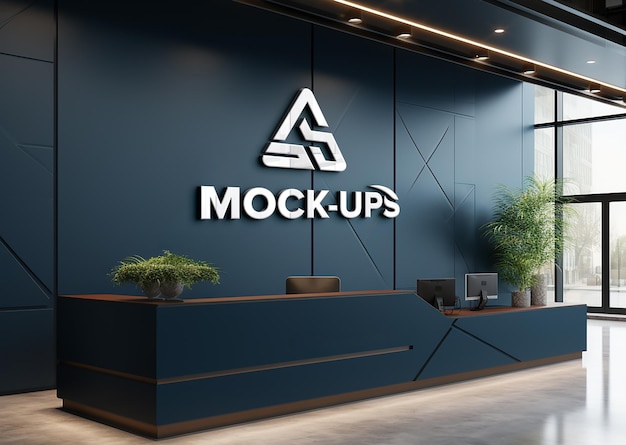 3d silver company logo mockup in the office receptionist desk room with laptop computer psd