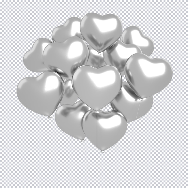 3d silver heart shaped balloons isolated that floating for happy birthday mockup background