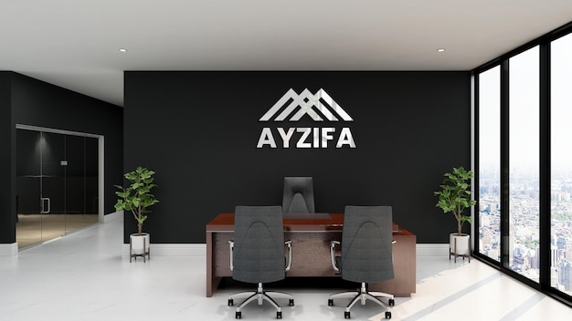 3d silver logo mockup on sign office with black wall