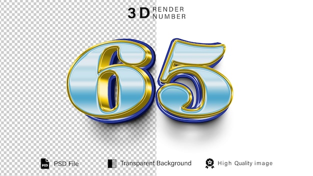 PSD 3d sixty five number 65 blue light color isolated on transparent background